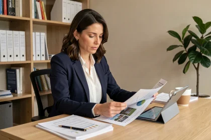 Femme investissant dans l'immobilier en consultant des brochures de placements diversifiés dans son bureau à domicile