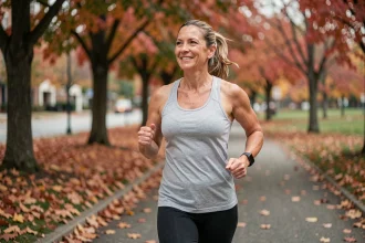 Femme d'âge moyen faisant du jogging dans un parc en automne pour prévenir le diabète de type 2 par l'activité physique