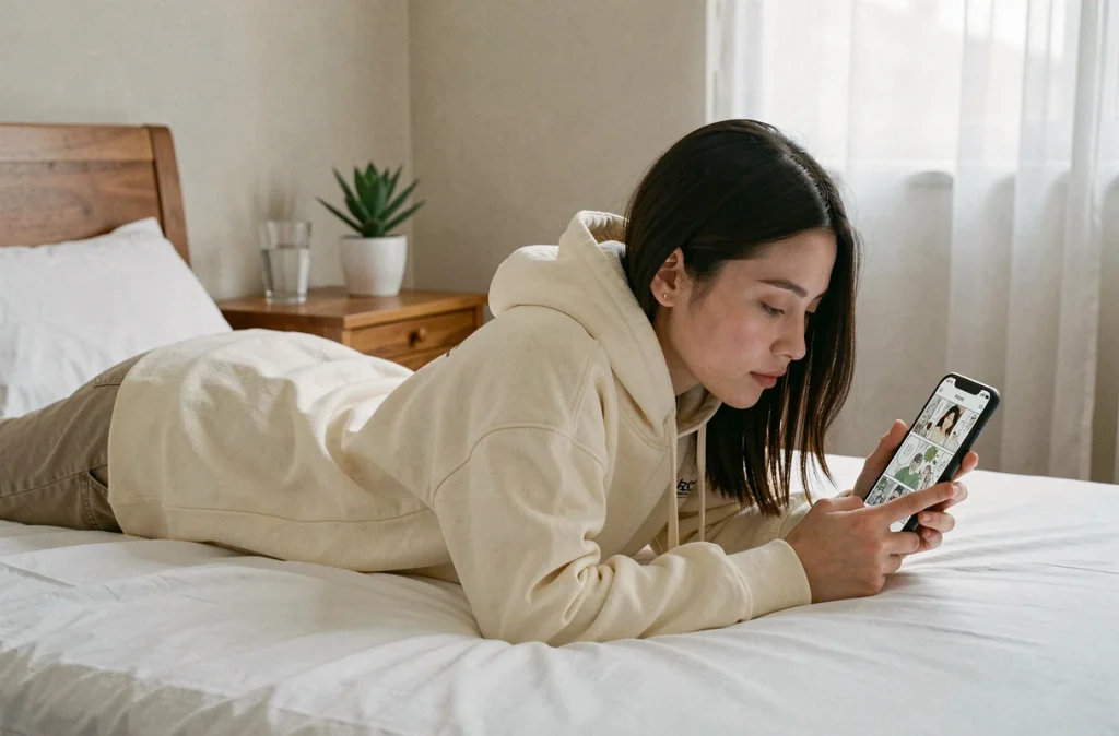 Jeune femme lisant un scantrad manga sur son téléphone allongée sur son lit