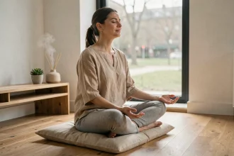 Femme pratiquant la méditation assise sur un coussin en lin dans un salon minimaliste pour réduire le stress