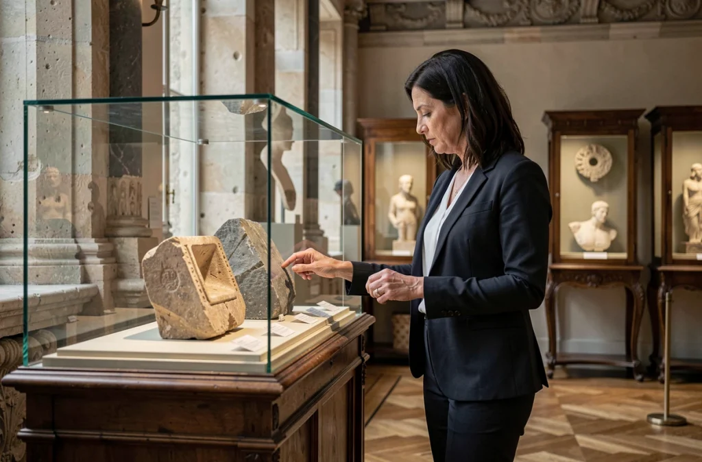 Femme contemplant un artefact historique dans une vitrine d'un musée classique de Lyon
