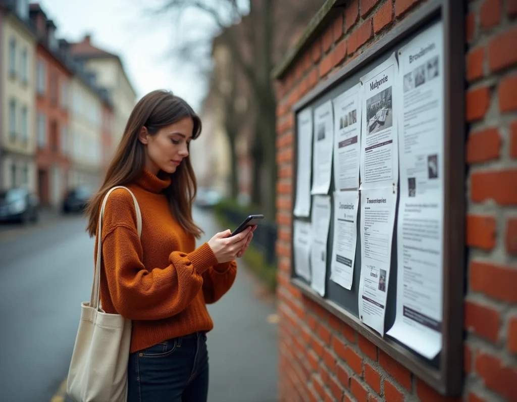 Jeune femme consultant son téléphone devant un panneau d'affichage avec des flyers de braderies de quartier dans le nord de la France
