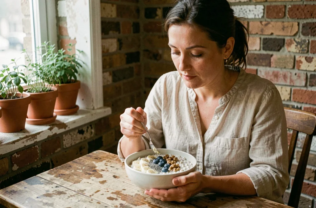 Femme mangeant un bol de flocons d'avoine aux fruits et graines pour un transit intestinal sain au petit-déjeuner