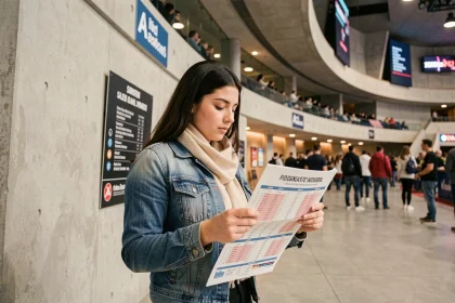 Jeune femme consultant le plan de salle de l'Accor Arena Paris dans un couloir intérieur avant un concert