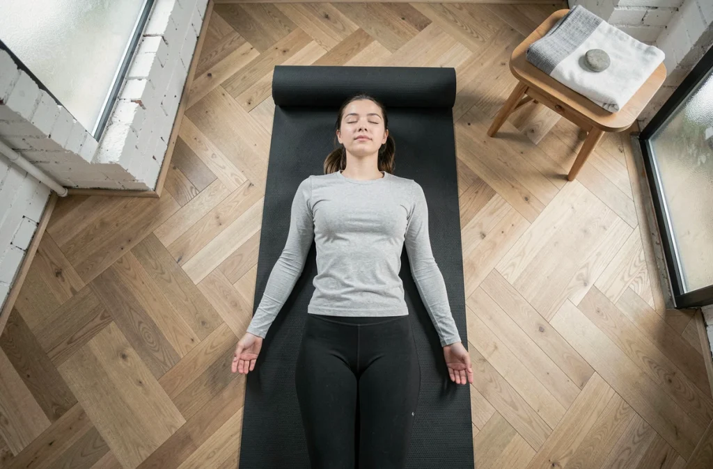 Femme allongée en savasana sur un tapis de yoga dans un studio de bien-être pour illustrer la relaxation et la méditation