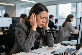 Femme stressée se bouchant les oreilles dans un open space bruyant, illustrant l'impact du bruit sur la santé mentale au travail