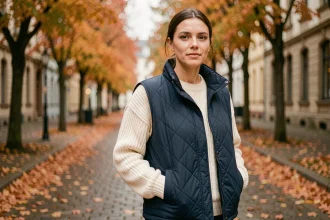 Femme portant une veste matelassée bleue marine sur un pull en laine crème dans une rue pavée aux couleurs d'automne