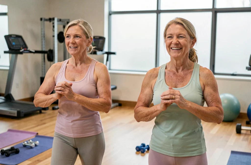 Deux femmes seniors participant à un cours d'aérobic en salle pour prévenir le diabète de type 2 grâce à l'exercice physique régulier