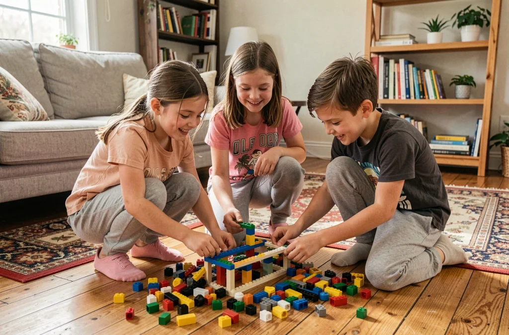 Trois enfants frères et sœurs construisant ensemble un assemblage de LEGO dans le salon familial