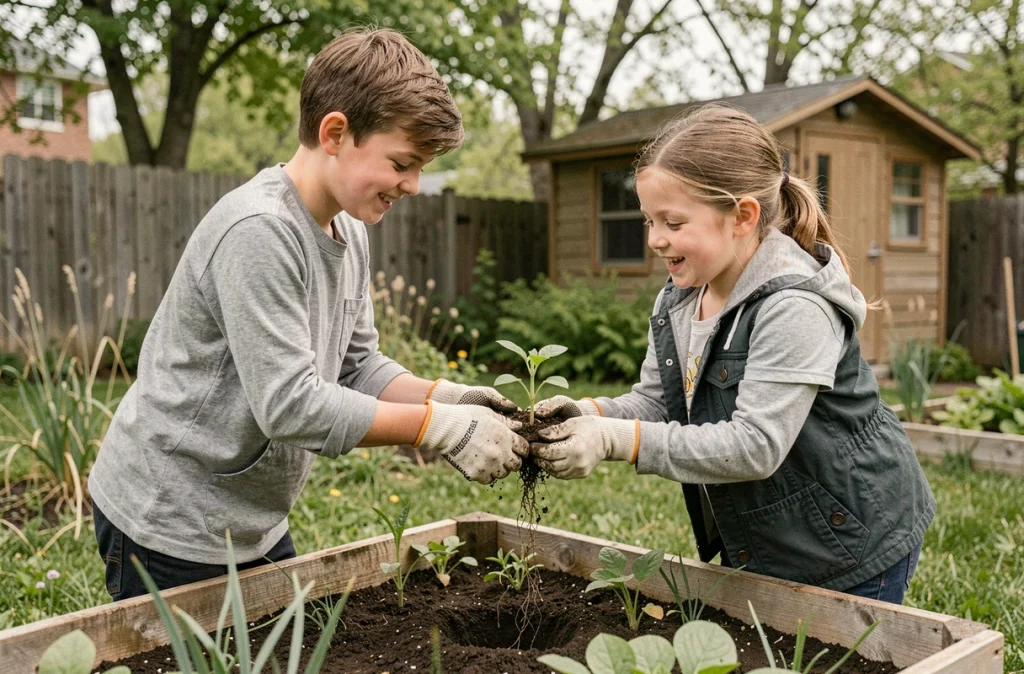 Frère et sœur adolescents jardinant ensemble dans le jardin familial au printemps