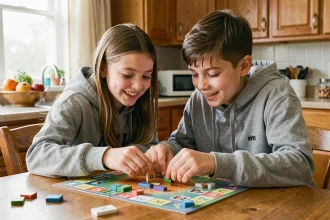 Frère et sœur adolescents jouant à un jeu de société ensemble à la table de cuisine familiale