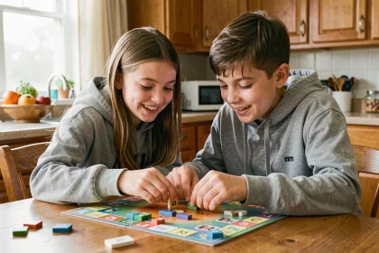 Frère et sœur adolescents jouant à un jeu de société ensemble à la table de cuisine familiale