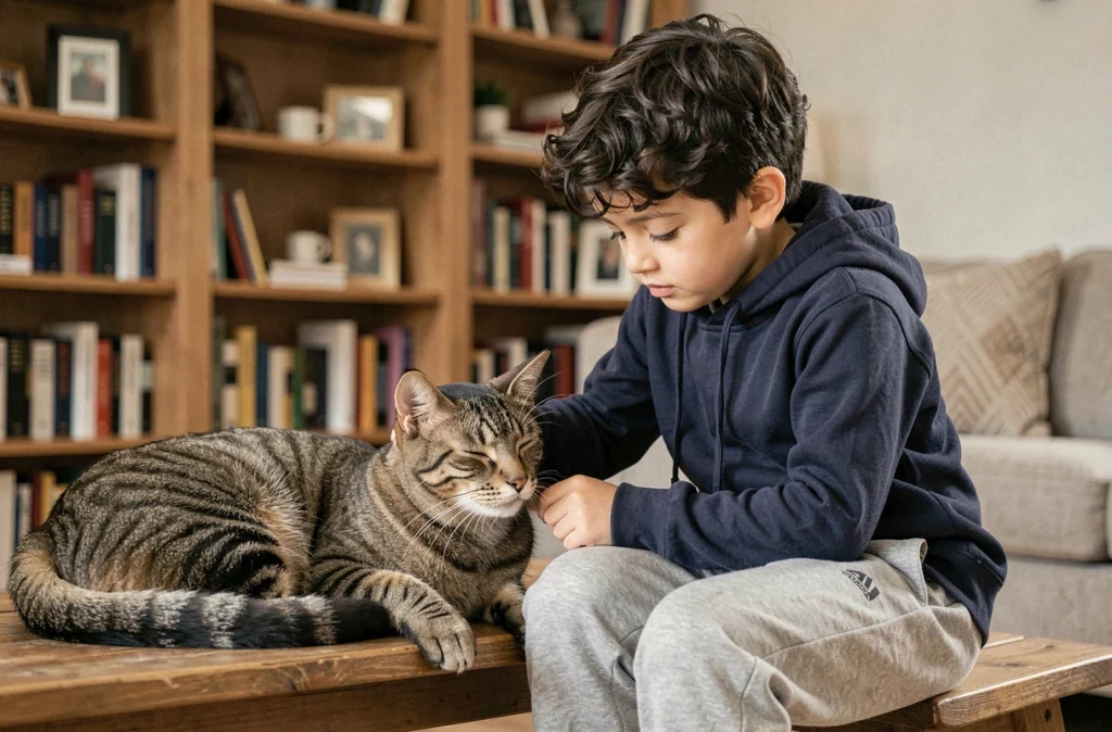 Garçon brossant délicatement son chat tigré dans un salon familial, symbolisant le soin et la responsabilité des enfants envers leurs animaux de compagnie