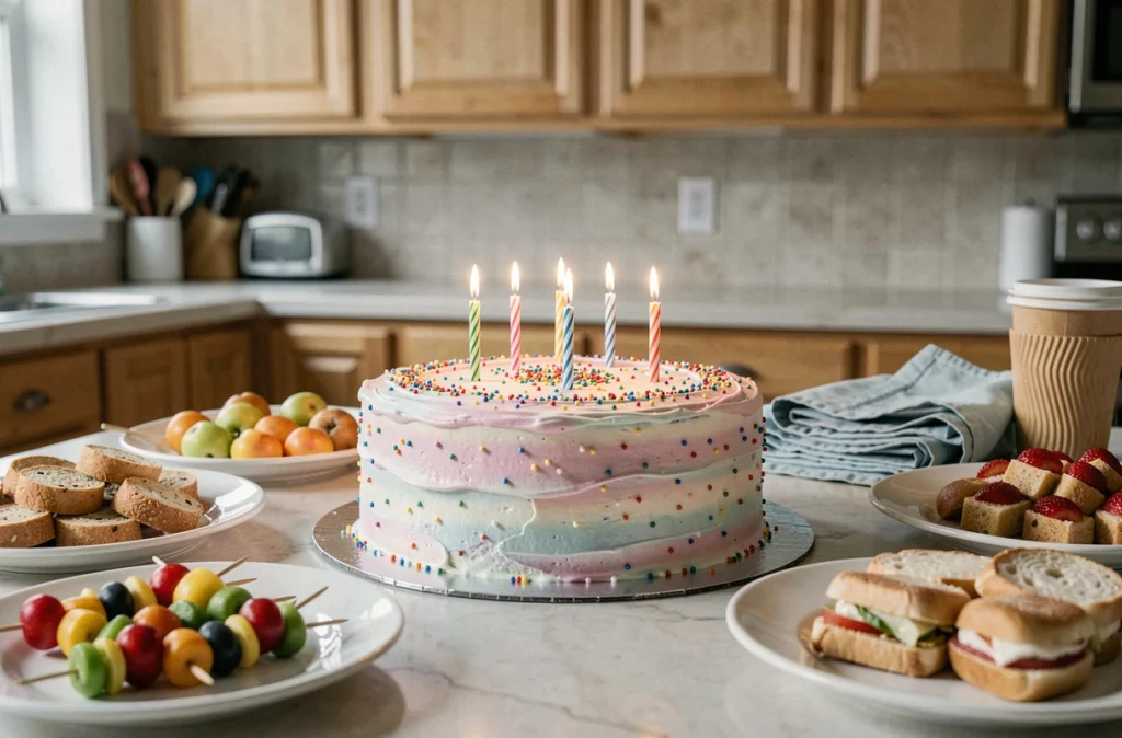 Gâteau d'anniversaire fait maison et buffet de snacks pour une fête d'enfant à la maison