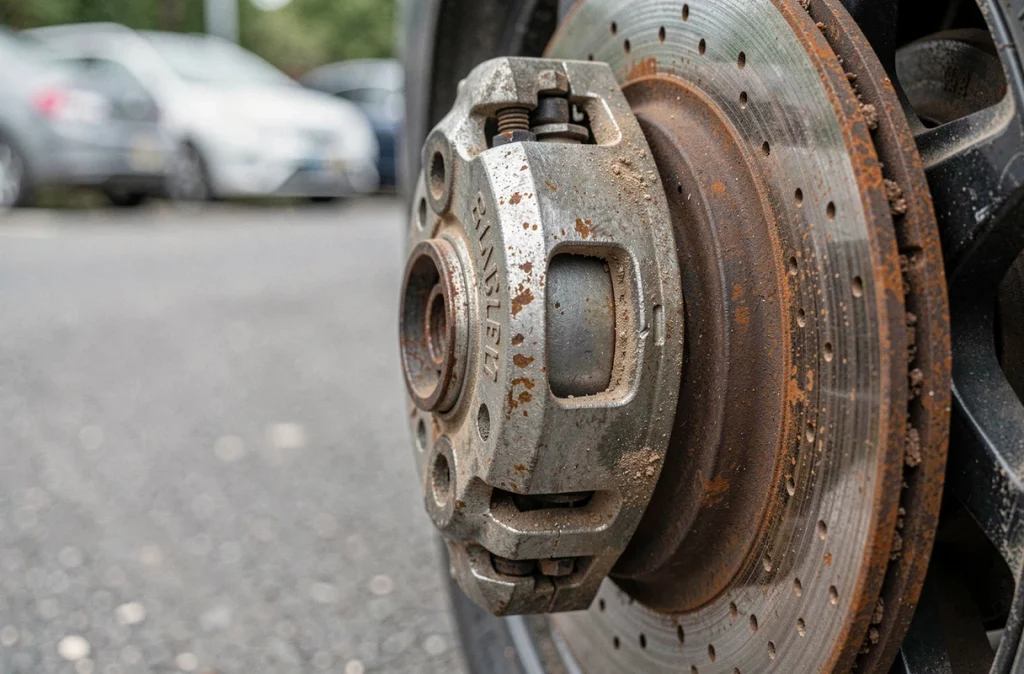 Gros plan sur un étrier et un disque de frein usé sur une roue de voiture en extérieur