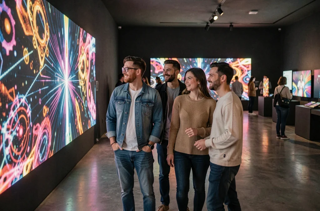 Groupe d'amis découvrant une exposition d'art numérique immersif dans une galerie contemporaine à Lyon