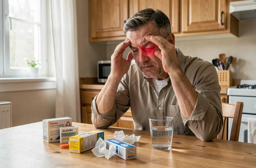 Homme se frottant les yeux à cause d'une allergie saisonnière dans une cuisine avec des boîtes de médicaments antiallergiques