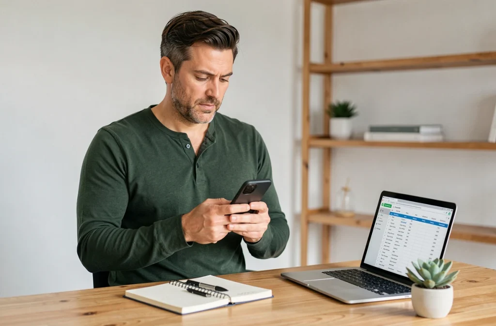 Homme analysant les dépenses familiales sur une application mobile dans son bureau à domicile