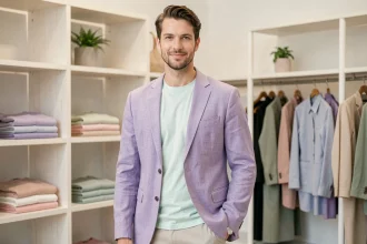 Homme en blazer lavande pastel et chemise vert menthe dans une boutique de mode masculine minimaliste