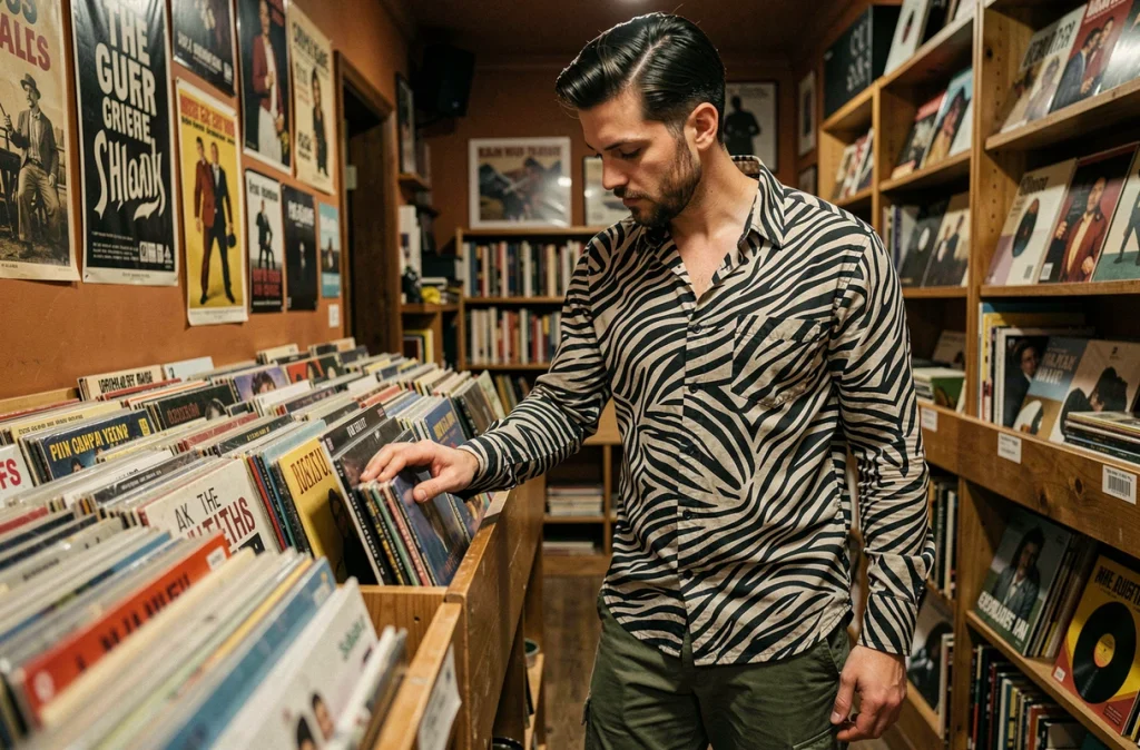Homme en chemise imprimé zèbre dans un magasin de disques vintage, mode animalière masculine tendance urbaine