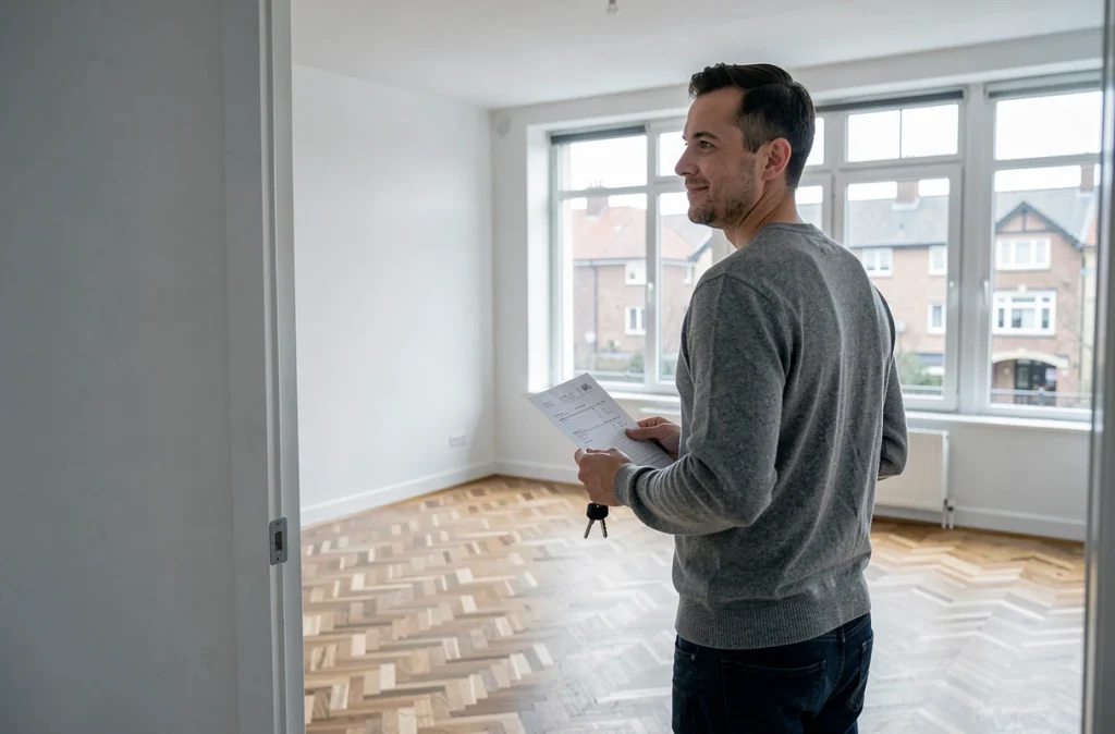 Un homme tient les clés de son nouveau logement vide sur le seuil de la porte, symbolisant la réussite de son premier achat immobilier
