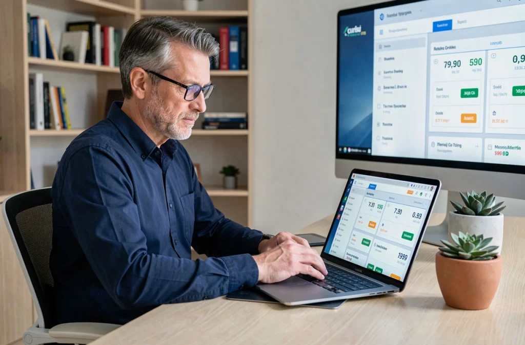 Homme comparant des offres de crédit digital sur ordinateur portable et tablette dans un bureau à domicile