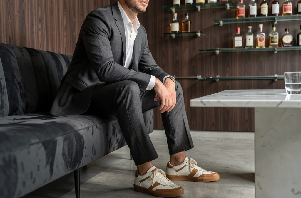 Homme en costume slim charbon portant des baskets rétro dans un bar à cocktails élégant