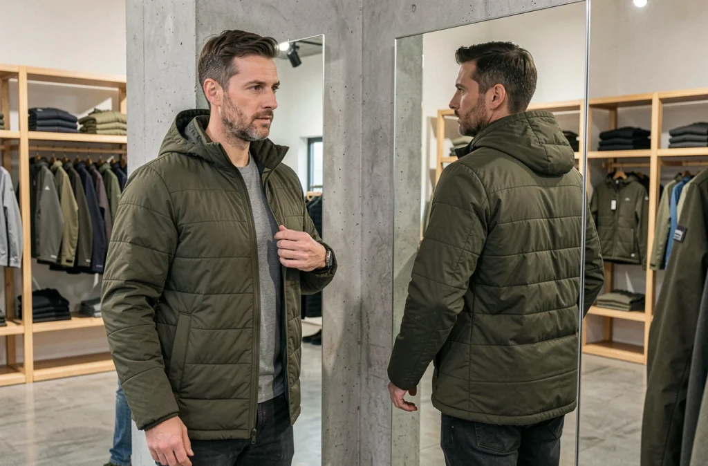 Homme essayant une veste matelassée vert kaki devant un miroir dans une boutique de vêtements d'extérieur moderne