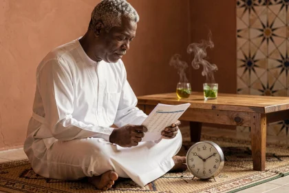 Homme consultant un tableau des horaires Imsak pour le jeûne du Ramadan dans un intérieur traditionnel