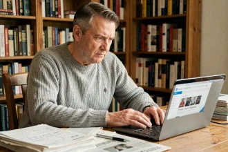Homme lisant des articles alternatifs sur un blog sur son ordinateur portable dans un bureau à domicile encombré de notes et de documents imprimés