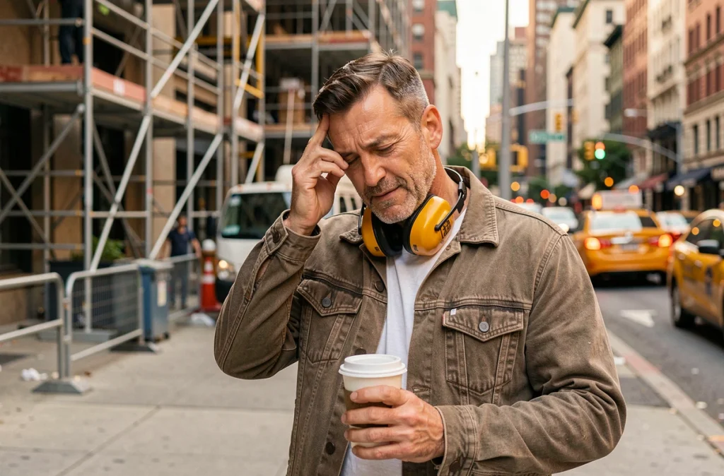 Homme en ville portant un casque anti-bruit autour du cou, exprimant la fatigue auditive causée par la pollution sonore urbaine