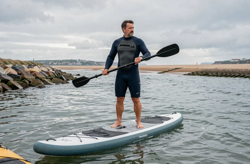 Homme en combinaison néoprène debout sur un SUP gonflable à l'embouchure de la Bidasoa à Hendaye, observant les courants de marée