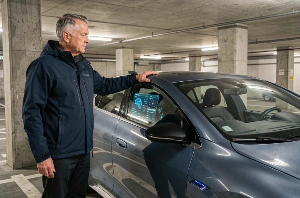 Homme examinant les données de conduite autonome affichées sur la vitre d'un véhicule concept dans un parking urbain