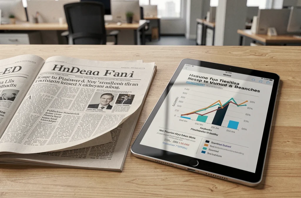Journal et tablette affichant des infographies sur la taille d'un personnage politique, posés sur un bureau en bois