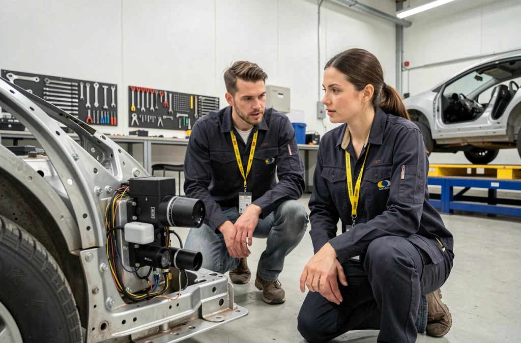 Ingénieurs analysant des capteurs LiDAR et des technologies embarquées sur un châssis de véhicule électrique en laboratoire