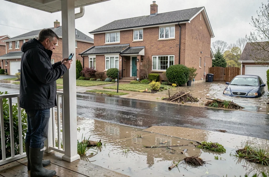 Propriétaire constatant les dégâts d'une inondation devant sa maison dans une rue suburbaine submergée