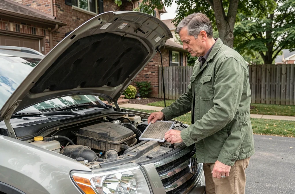 Homme inspectant le filtre à air d'un SUV familial dans une allée résidentielle pour améliorer l'efficacité du carburant
