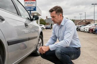 Un homme inspectant la carrosserie d'une voiture d'occasion dans un lot de concessionnaire automobile