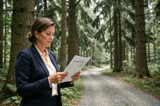 Une investisseuse particulière consulte un portefeuille d'investissement forestier en bordure d'une forêt gérée en Europe