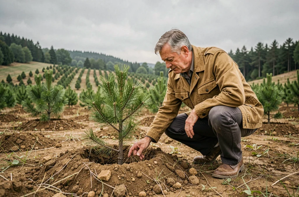 Un particulier examine un jeune plant de pin dans une parcelle de reboisement dans le cadre d'un investissement forestier