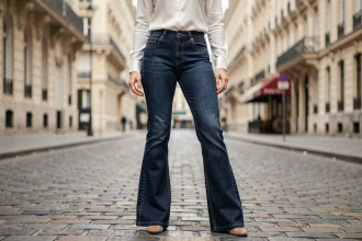 Femme portant un jean flare indigo avec détails couture sur une rue pavée parisienne