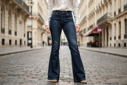 Femme portant un jean flare indigo avec détails couture sur une rue pavée parisienne