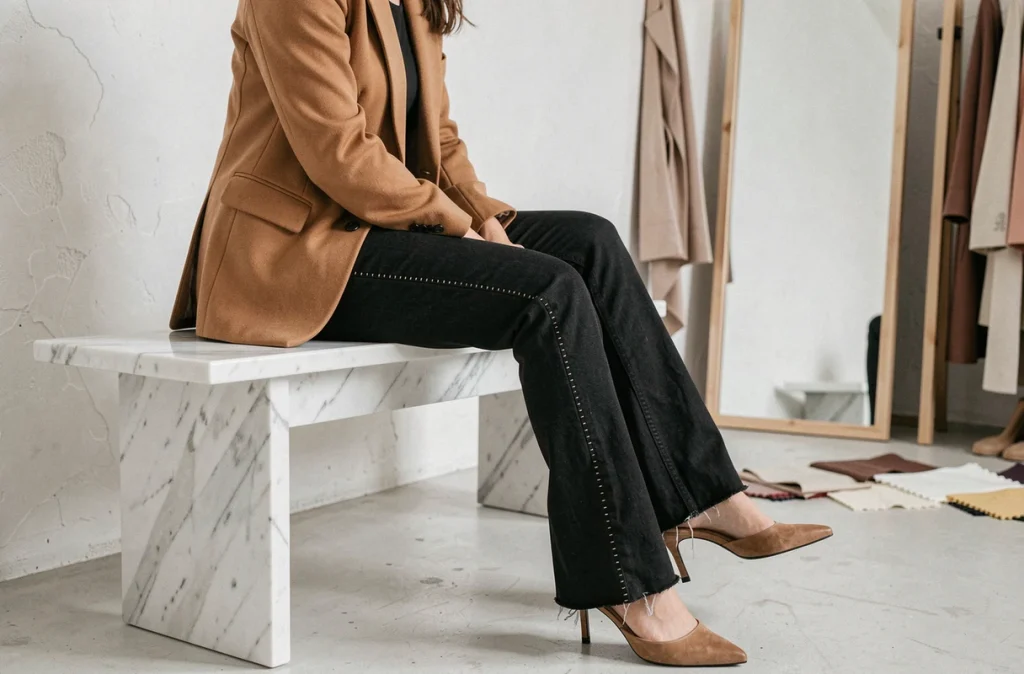 Jean flare noir avec surpiqûres couture porté dans un atelier de mode minimaliste