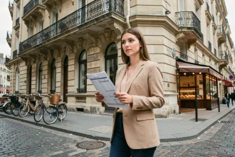 Jeune femme active devant un immeuble ancien haussmannien tenant un dossier immobilier dans une rue urbaine pavée