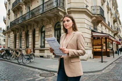 Jeune femme active devant un immeuble ancien haussmannien tenant un dossier immobilier dans une rue urbaine pavée