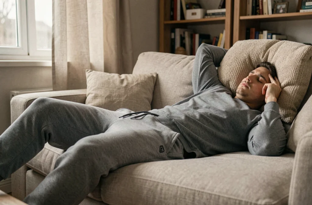 Jeune adulte allongé sur un canapé avec un coussin sur la tête pour s'isoler du bruit, représentant les effets du bruit sur le sommeil et la santé mentale