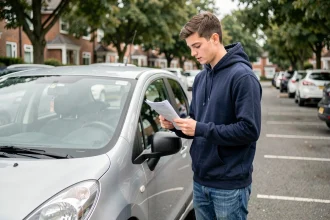 Jeune conducteur masculin consultant des documents d'assurance auto devant une voiture compacte dans un parking résidentiel