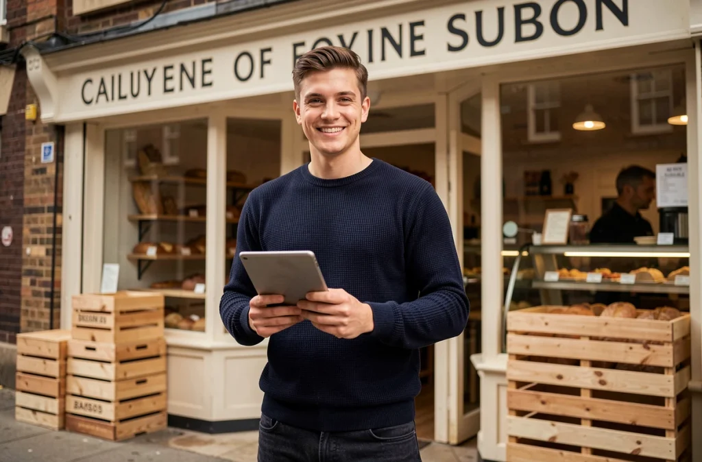 Jeune entrepreneur devant sa boulangerie artisanale financée par un microcrédit