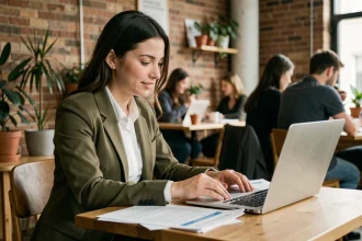 Jeune femme entrepreneure étudiant des documents de microcrédit dans un espace de coworking moderne