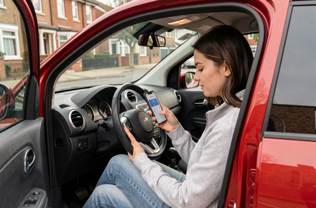 Jeune femme conductrice utilisant une application d'assurance auto sur son smartphone assise dans une voiture rouge